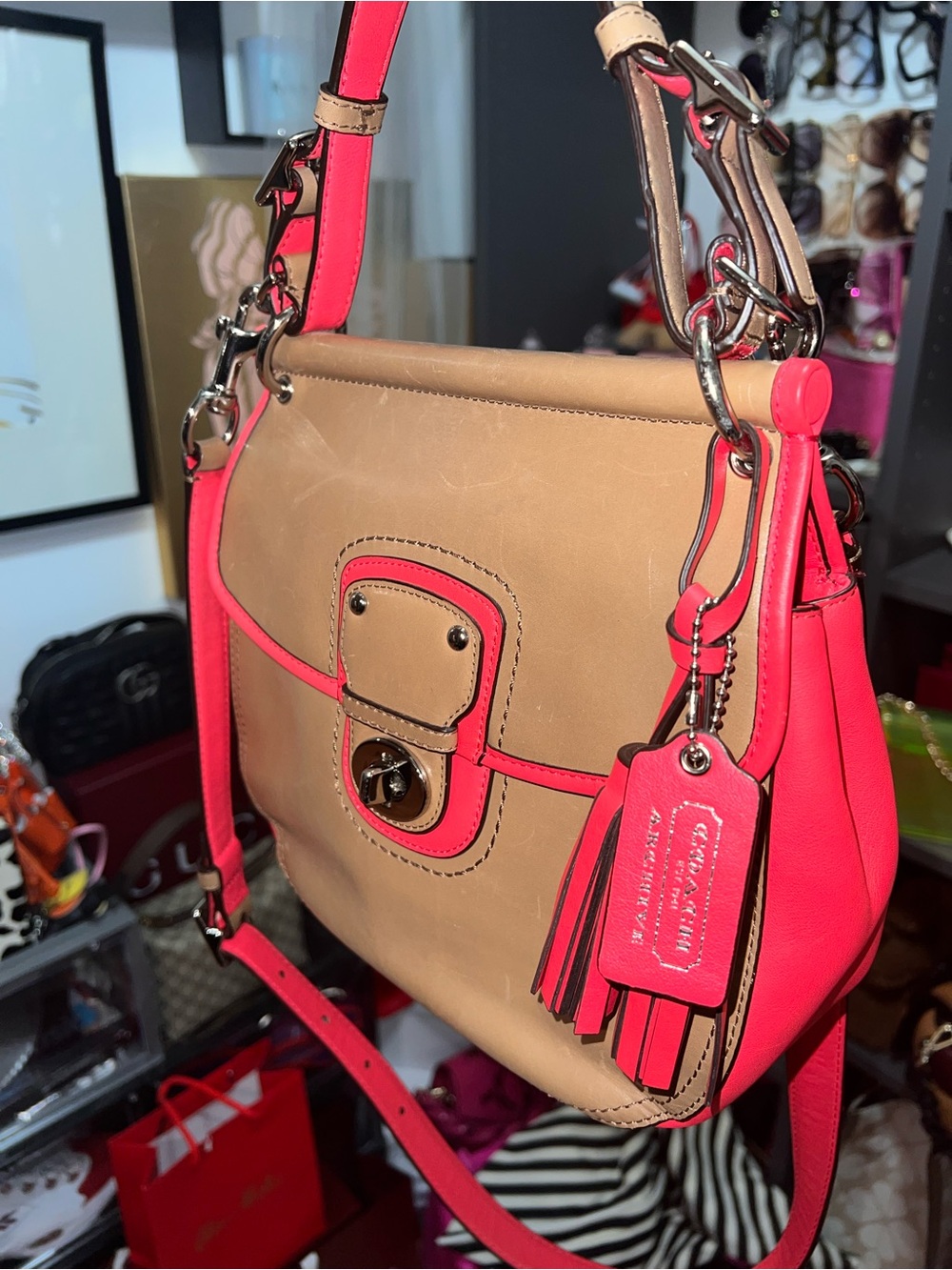 *RARE* Coach ARCHIVE Leather Colorblock Crossbody Bag - Tan & Pink
